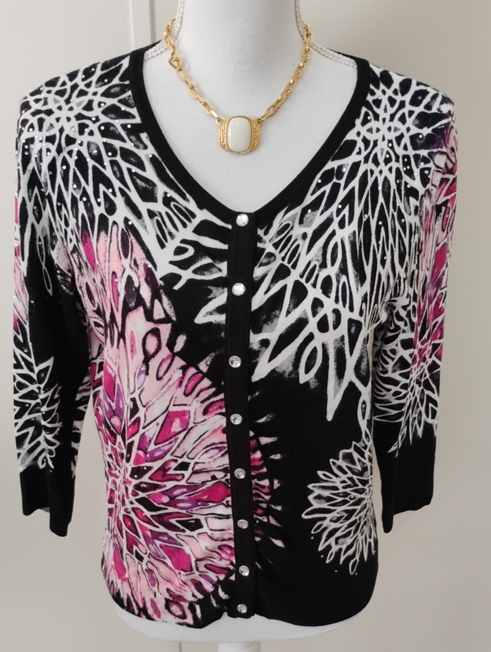 White House Black Market Black, White and Pink Patterned Button Front Cardigan